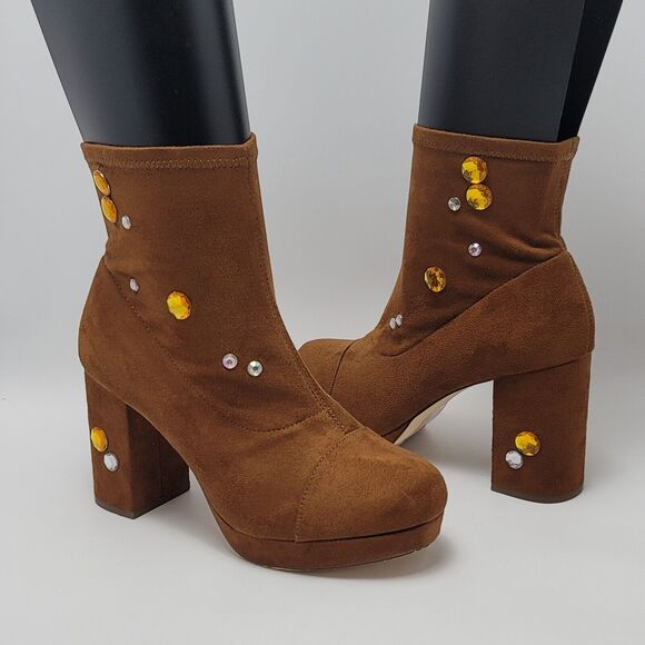 Forever 21 Block Heels Stretchy Faux Suede Pull On Customized Boots Tan Size 8 - Picture 1 of 14